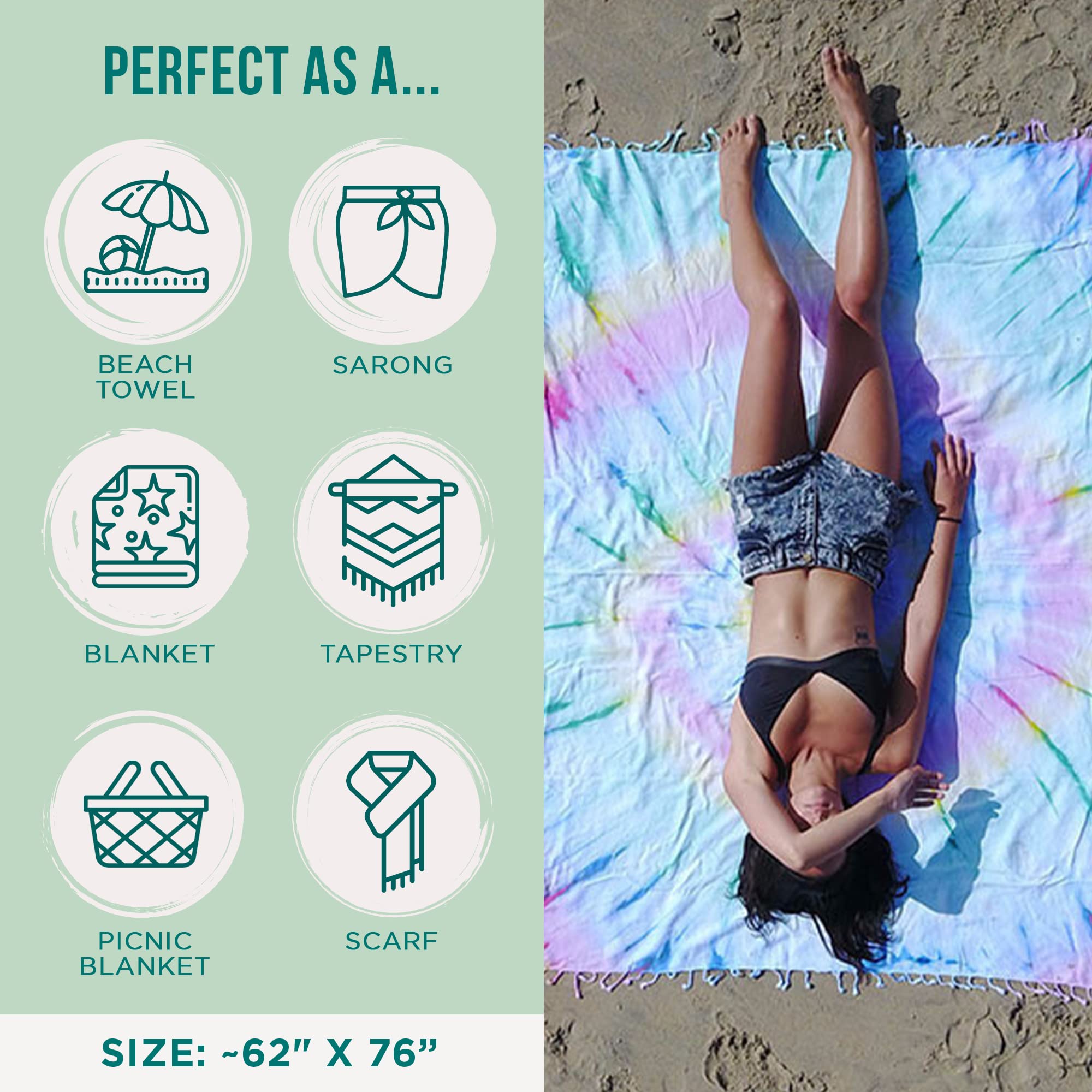 Sand Cloud Extra Large Turkish Beach Towel - Sand Free - 100% Organic Turkish Cotton Yarn - Quick Dry Towel for Beach, Picnic Blanket or Throw - As Seen on Shark Tank - Tie Dye (Wanderlust) - Image 3