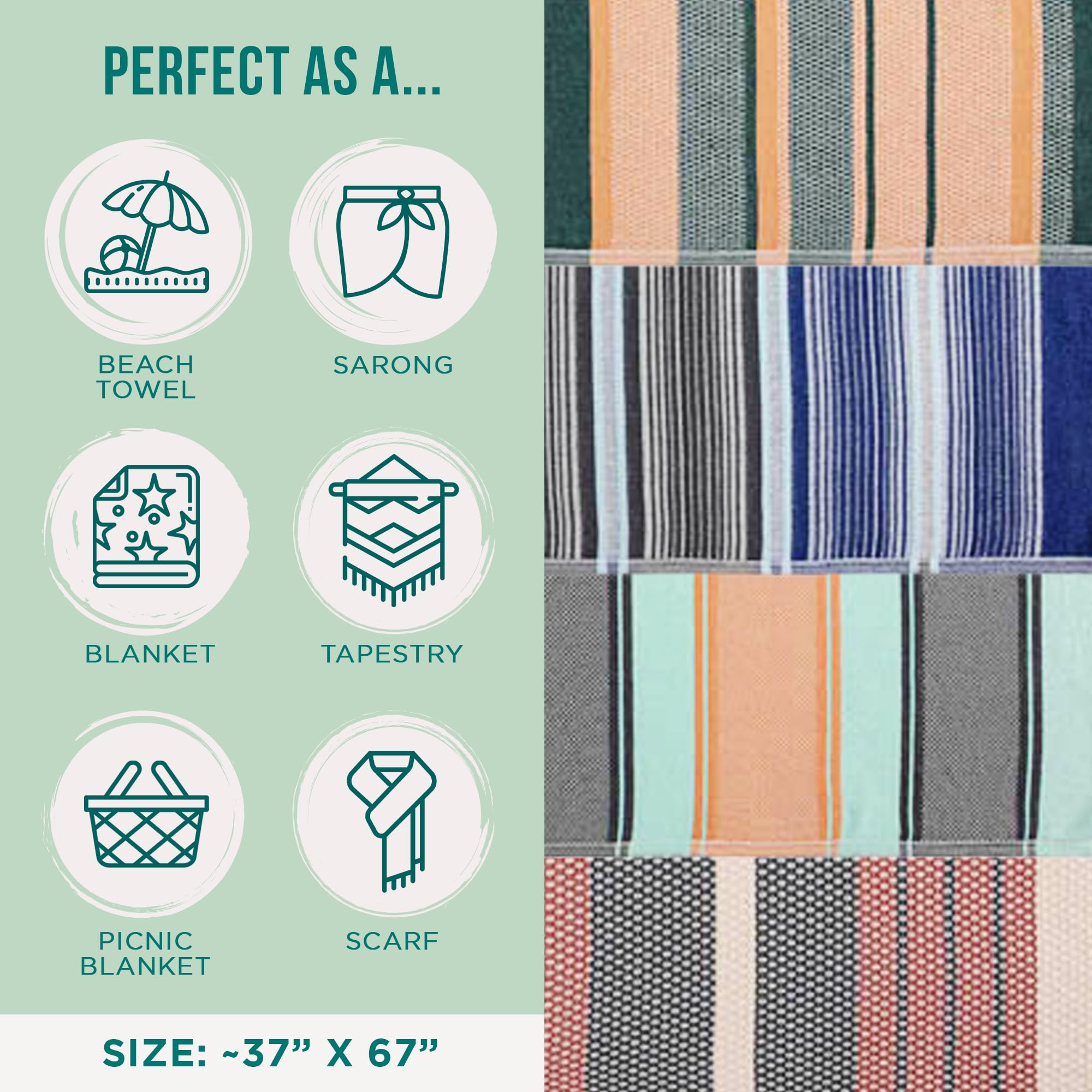 Sand Cloud Turkish Beach Towel - 100% Organic Cotton Turkish Bath Towels - Ultra Soft, Sand Free & Quick Dry Towel for Beach, Pool, or Picnic - As Seen on Shark Tank - Cali Dobby (4 Pack Assorted) - Image 3