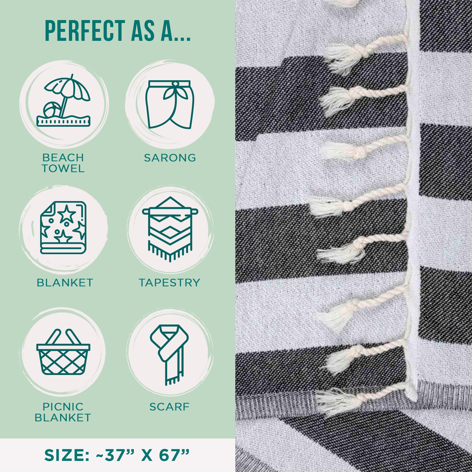 Sand Cloud Turkish Beach Towel - 100% Organic Cotton Turkish Bath Towels - Ultra Soft, Sand Free & Quick Dry Towel for Beach, Pool, or Picnic Blanket - As Seen on Shark Tank - Stripe (Black) - Image 3